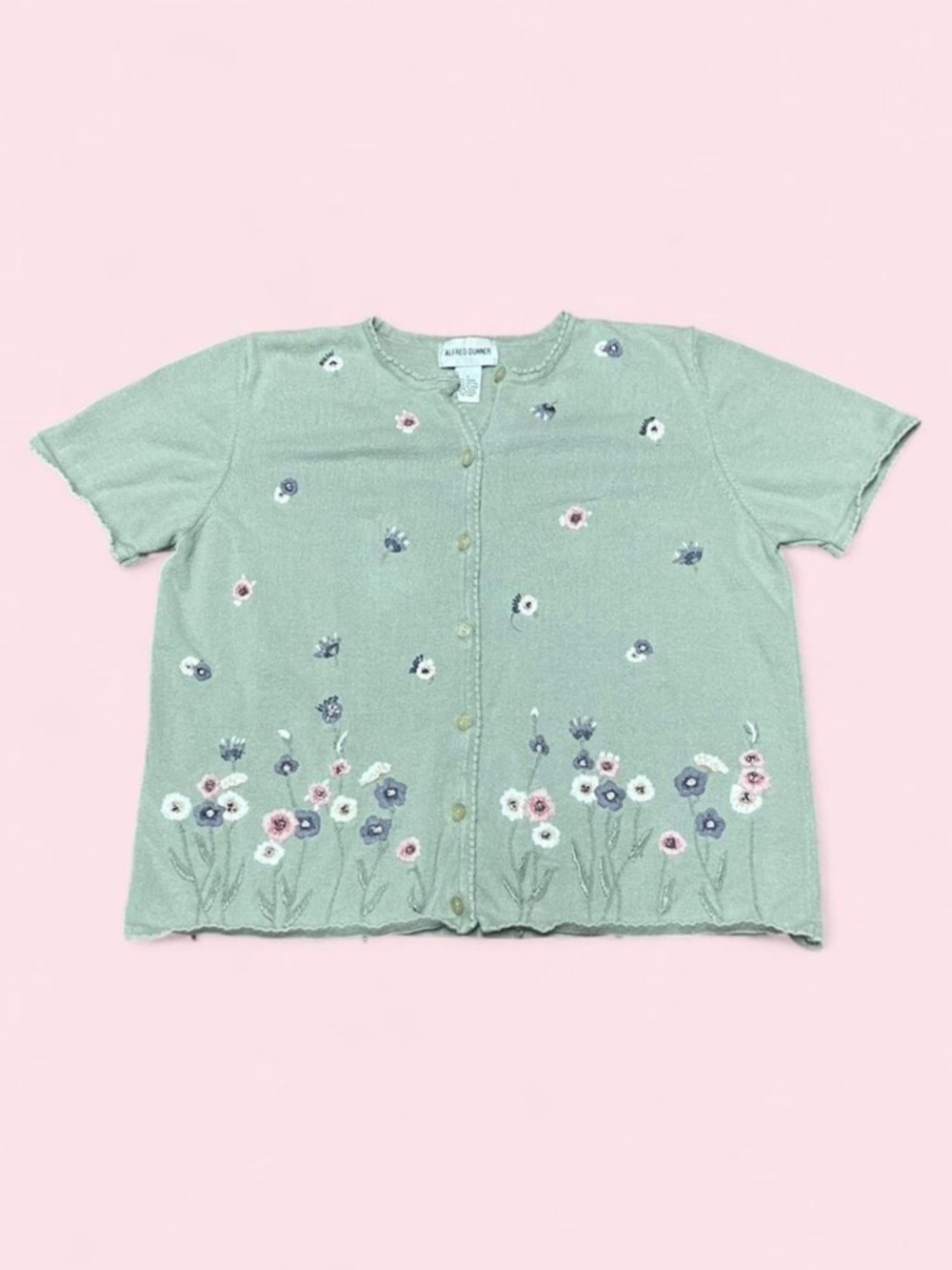 Alfred Dunner Vintage Y2K Floral Embroidered Cardigan Pale Green Cottagecore L